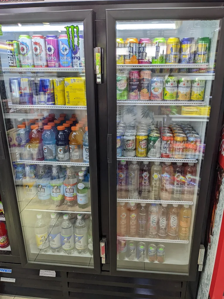 Cooler stocked with cold drinks, energy drinks and sparkling water